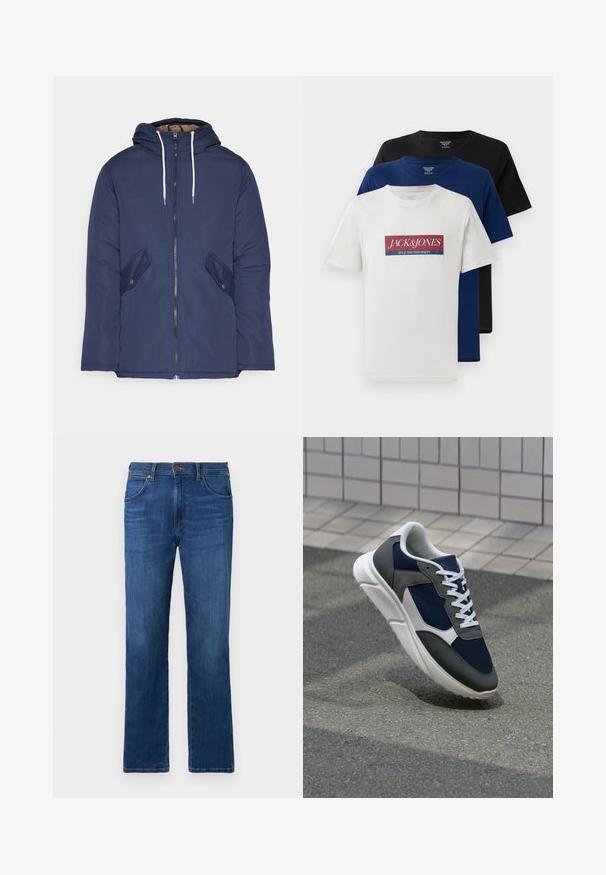 Navy blue padded jacket with a hood, featuring a front zipper, two side pockets with buttons, and white drawstrings.; Three stacked short-sleeve crew neck t-shirts in white with red and blue logo, navy blue, and black, displayed on white background.; Dark blue denim jeans with a straight-leg design, five pockets, and a button closure at the waist. Smooth texture with subtle fading.; Sneaker featuring a navy blue mesh upper, gray suede accents, white rubber sole, and flat white laces, designed for comfort and breathability.