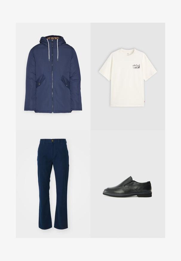 Marineblå polstret jakke med hette, med glidelås foran, to sidelommer med knapper og hvite snorer.; Hvit kortermet t-skjorte laget av bomull, med et svart grafisk design på venstre brystområde med ordet "Fresh."; Mørkeblå bukser laget av bomullstwill med en utvidet design, med frontlukking med knapp og sidelommer. Glatt tekstur.; Sorte skinn slip-on sko med en jevn overflate, stikking detaljer, rund tå og en lav gummihæl. Sålen har minimal mønstring.