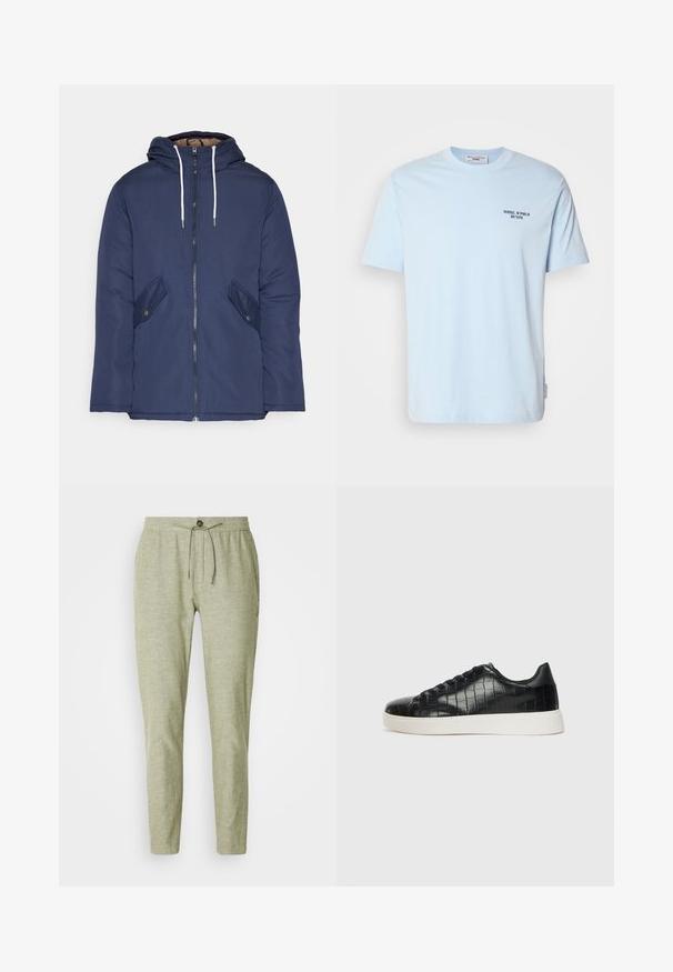 Navy blue padded jacket with a hood, featuring a front zipper, two side pockets with buttons, and white drawstrings.; Light blue cotton crew neck t-shirt featuring short sleeves and a small dark print that says “MARC O’POLO DENIM” on the chest.; Light green jogger pants in a textured fabric, featuring an elastic waistband with a drawstring and a front button detail.; Black sneakers featuring a textured croc-embossed leather upper, rounded toe, and a contrasting white rubber sole with a smooth finish.