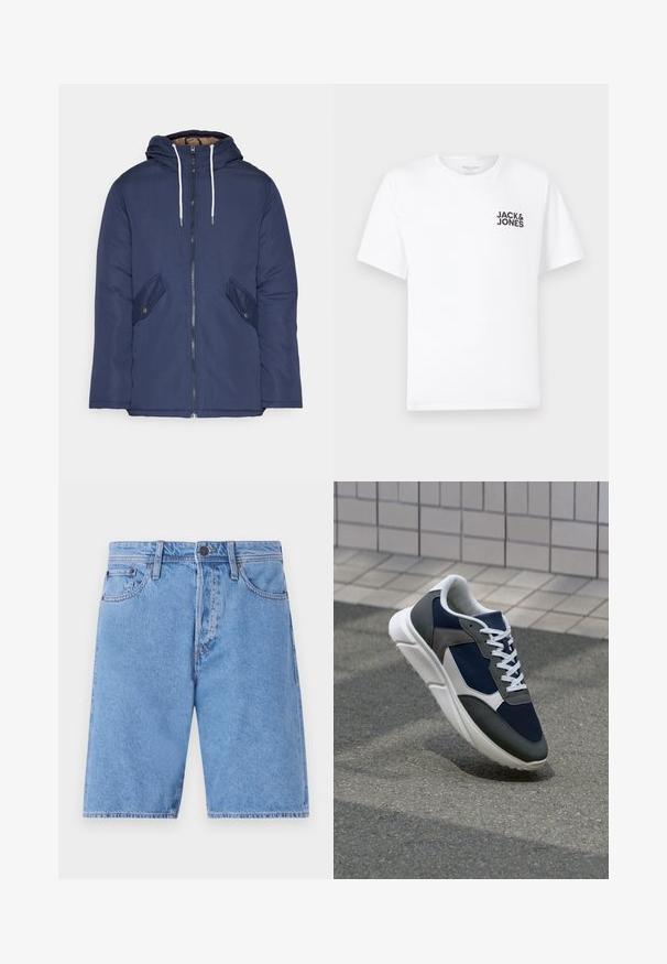 Marineblå polstret jakke med hette, med glidelås foran, to sidelommer med knapper og hvite snorer.; Hvit bomull T-skjorte, korte ermer, rund hals. Har svart tekstlogo "JACK & JONES" på venstre brystområde. Enkel, ensfarget design.; Lyse blå denimshorts med klassisk femlommesdesign, knappeåpning og rett benklipp, med falmet tekstur og sømdetaljer.; Sneakers med en navy blå mesh-overdel, grå sømværk, hvit gummisåle og flate hvite snører, designet for komfort og pusteevne.