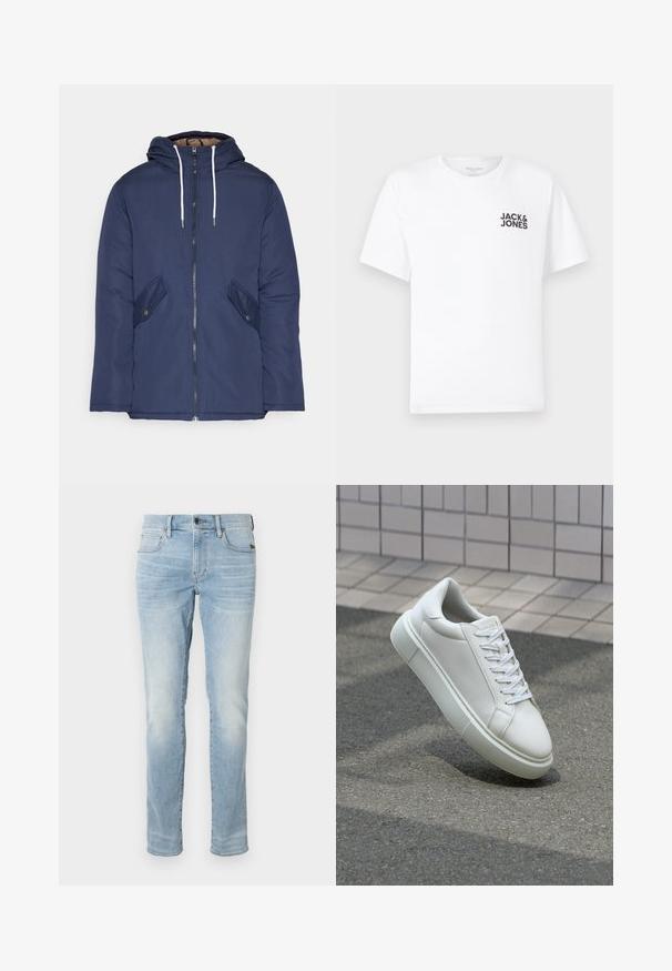 Sötétkék bélelt dzseki kapucnival, elülső cipzárral, két oldalsó zsebbel gombokkal és fehér húzózsinórokkal.; Fehér pamut póló, rövid ujjú, kerek nyakkivágással. A bal mellrészen található a fekete "JACK & JONES" feliratú logó. Egyszerű, sima dizájn.; Világoskék, karcsú szabású farmernadrág, elülső gombbal, cipzárral és öt zsebbel, egyszerű fehér háttér előtt bemutatva.; Fehér bőr sportcipő sima felülettel, kerek orral és lapos fehér fűzőkkel. Texturált gumitalppal és minimális dizájnelemekkel rendelkezik.