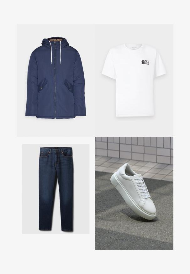 Veste matelassée bleu marine avec capuche, dotée d'une fermeture éclair à l'avant, de deux poches latérales avec boutons et de cordons de serrage blancs.; T-shirt en coton blanc, à manches courtes, col rond. Présente un logo en texte noir "JACK & JONES" sur la poitrine gauche. Design simple et sobre.; Jean en denim slim-fit bleu foncé avec un léger délavage sur les cuisses avant, des rivets cuivrés et un style classique à cinq poches, posé à plat sur un fond blanc.; Baskets en cuir blanc avec une surface lisse, bout rond et lacets plats blancs. Présentent une semelle en caoutchouc texturée et des éléments de design minimalistes.