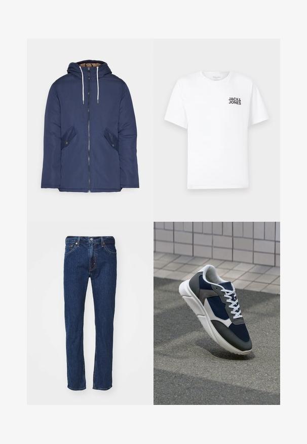 Σακάκι ναυτικού μπλε με επένδυση και κουκούλα, με φερμουάρ μπροστά, δύο πλάγιες τσέπες με κουμπιά και λευκές κορδόνες.; Λευκό βαμβακερό T-shirt, κοντά μανίκια, στρογγυλή λαιμόκοψη. Διαθέτει μαύρο λογότυπο "JACK & JONES" στην αριστερή πλευρά του στήθους. Απλός, καθαρός σχεδιασμός.; Σκούρες μπλε τζιν με ευθεία γραμμή, που διαθέτουν πορτοκαλί ραφές, κουμπί κλεισίματος και κλασικό σχέδιο πέντε τσεπών.; Αθλητικά παπούτσια με επάνω μέρος από ναυτικό μπλε διχτυωτό ύφασμα, γκρι σουέτ λεπτομέρειες, λευκή καουτσούκ σόλα και επίπεδα λευκά κορδόνια, σχεδιασμένα για άνεση και αερισμό.