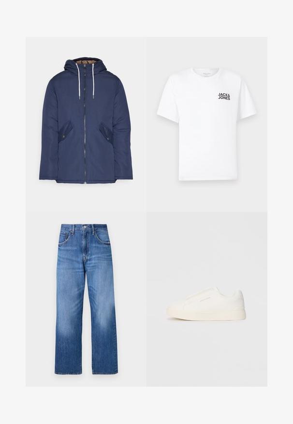 Veste matelassée bleu marine avec capuche, dotée d'une fermeture éclair à l'avant, de deux poches latérales avec boutons et de cordons de serrage blancs.; T-shirt en coton blanc, à manches courtes, col rond. Présente un logo en texte noir "JACK & JONES" sur la poitrine gauche. Design simple et sobre.; Jean en denim bleu clair avec une coupe évasée, comportant cinq poches, une fermeture à bouton à l'avant et un léger délavage sur le devant.; Baskets blanches sans lacets avec une surface texturée, une semelle épaisse et un design minimaliste. Présente le logo de la marque sur le côté.