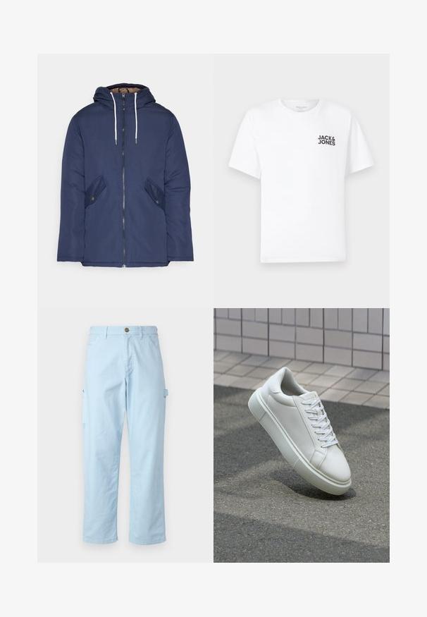 Mørkeblå polstret jakke med hætte, fremhævet af en frontlynlås, to sidelommer med knapper og hvide snore.; Hvid bomulds t-shirt, korte ærmer, rund hals. Har et sort tekstlogo "JACK & JONES" på venstre brystområde. Enkelt, ensartet design.; Lyseblå cargo-bukser lavet af blødt bomuld med lige snit, der har sidelommer og knaplukning i taljen.; Hvide lædersneakers med en glat overflade, rund tå og flade hvide snørebånd. Har en tekstureret gummisål og minimalt design.
