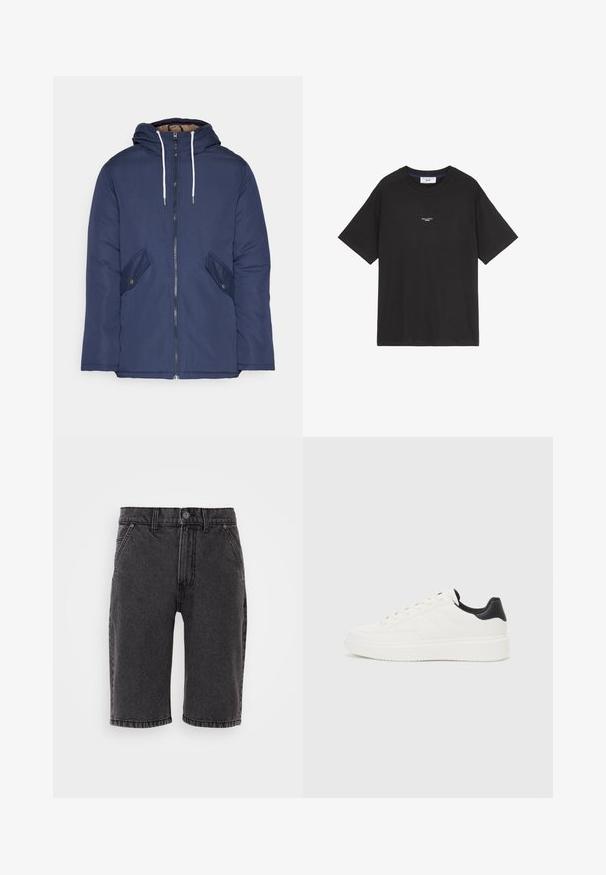Námornícky modrá vystužená bunda s kapucňou, so zipsom vpredu, dvomi bočnými vreckami s gombíkmi a bielymi šnúrkami.; Čierne bavlnené tričko s okrúhlym výstrihom a krátkymi rukávmi. Má malé biele logo na prednej strane. Jednoduchý dizajn, voľný strih.; Čierne riflové šortky so rovným strihom, s gombíkom a zipsom, piatimi vreckami a jemnými švy.; Biele kožené tenisky s embosovaným vzorom, štruktúrovanou bielou medzipodrážkou a čiernym akcentom na päte. Majú zaoblenú špičku a ploché šnúrky.