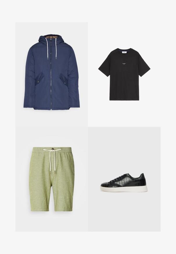 Veste matelassée bleu marine avec capuche, dotée d'une fermeture éclair à l'avant, de deux poches latérales avec boutons et de cordons de serrage blancs.; T-shirt en coton noir avec un col rond et des manches courtes. Présente un petit logo blanc sur le devant. Design simple, coupe décontractée.; Shorts vert clair en mélange de coton, dotés d'une taille élastique avec cordon de serrage et embouts en métal, de courte longueur et sans poches.; Baskets noires avec un dessus en cuir gaufré effet crocodile, bout rond et semelle en caoutchouc blanc contrastant avec une finition lisse.