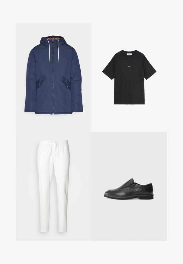 Navy blue padded jacket with a hood, featuring a front zipper, two side pockets with buttons, and white drawstrings.; Black cotton t-shirt with a round neck and short sleeves. Features a small white logo detailing on the front. Simple design, relaxed fit.; INDICODE JEANS Trousers - offwhite; Black leather slip-on shoe with a smooth upper, stitched accents, rounded toe, and a low rubber heel. Sole features minimal tread.
