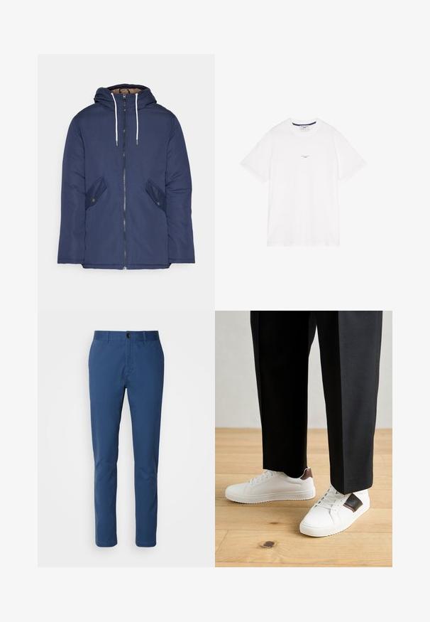 Námornícky modrá vystužená bunda s kapucňou, so zipsom vpredu, dvomi bočnými vreckami s gombíkmi a bielymi šnúrkami.; Biele bavlnené tričko s krátkymi rukávmi, okrúhlym výstrihom a jemným textom v strede. Hladká textúra s voľným strihom.; Námornícke modré bavlnené chinos s úzkym strihom; sú vybavené štandardnou pásovkou, prednými vreckami a jedným gombíkom na zapínanie. Hladká textúra.; Biele tenisky s hladkým povrchom, s hnedými koženými akcentmi a čiernymi detailmi, spárované s čiernymi elegantnými nohavicami. Pozadím je drevená podlaha.