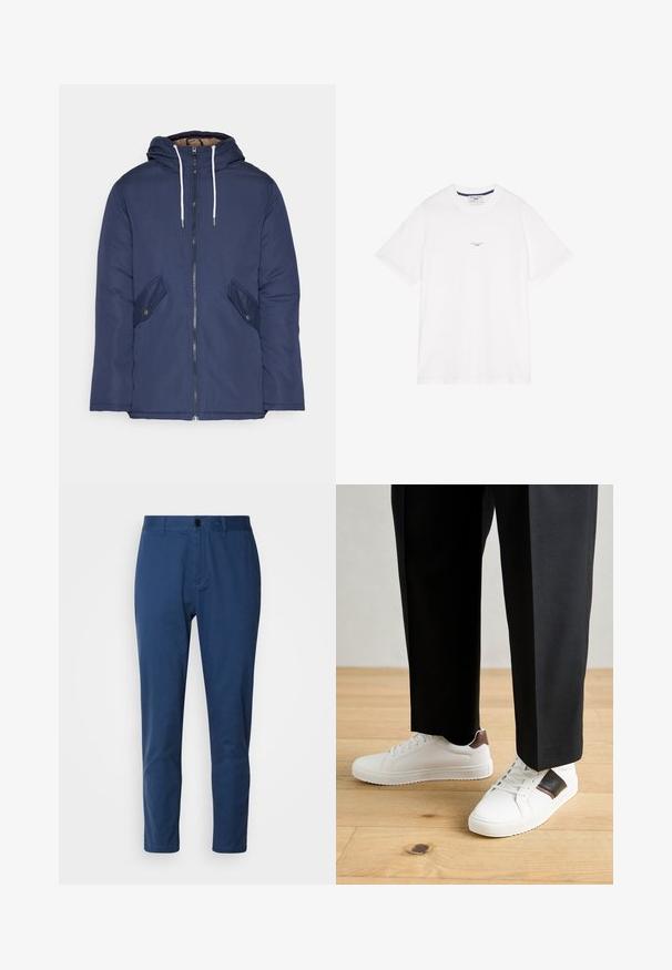 Jūras zila pufīgā jaka ar kapuci, kas aprīkota ar priekšējo rāvējslēdzēju, divām sānu kabatām ar pogām un baltiem aukliņām.; Balta kokvilnas T-kreklā ar īsām piedurknēm, apaļu kakla izgriezumu un smalku tekstu centrā. Gluda tekstūra ar brīvu piegriezumu.; Jūras zila kokvilnas bikses ar gludu tekstūru, taisns griezums un pogu aizdare jostasvietā. Neviena redzama raksta vai metāla detaļu nav.; Baltā pārsoļa apavi ar gludu tekstūru, papildināti ar brūniem ādas akcentiem un melniem elementiem, savienoti ar melnām pielāgotām biksēm. Koka grīdas fons.