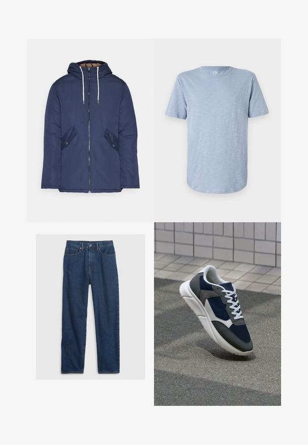 Marineblå polstret jakke med hette, med glidelås foran, to sidelommer med knapper og hvite snorer.; Lyseblå kortermet T-skjorte laget av myk stoff, med rund hals og rett nederkant med en subtil tekstur.; Denim jeans i mørkeblå med rett snitt, med femlommersdesign, topp knapp og kobbernagler.; Sneakers med en navy blå mesh-overdel, grå sømværk, hvit gummisåle og flate hvite snører, designet for komfort og pusteevne.