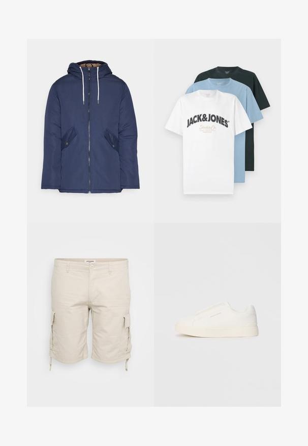 Laivasilkkinen vuorattu takki hupulla, jossa on etuvetoketju, kaksi nappikiinnityksellä varustettua sivutaskua ja valkoiset nyörit.; Kolme taitettua lyhythihaista pyöreäkaulaista t-paitaa valkoisena Jack & Jones -logolla, vaaleansinisenä ja mustana, pinottuna valkoista taustaa vasten.; Beige cargo shorts, valmistettu kevyestä kankaasta, jossa on sivutaskut, säädettävät nyörit helmassa ja klassinen viisi-taskuinen muotoilu.; Valkoiset liukusukat, joissa on teksturoitu pinta, paksu pohja ja minimalistikot. Sivulla on brändin logo.