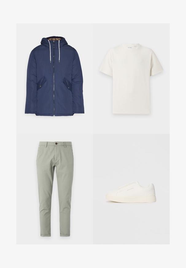 Marineblå polstret jakke med hette, med glidelås foran, to sidelommer med knapper og hvite snorer.; Hvit T-skjorte med kort erm i ribbestrikket tekstur. Rund hals, avslappet passform, ingen synlige mønstre eller detaljer. Enkelt og allsidig design.; Skreddersydde grønne chinos laget av lett bomull. Har knappeåpning, front- og baklommer, samt en smalere benmodell.; Hvite slip-on joggesko med teksturert overflate, tykk såle og minimalistisk design. Har merkevarelogo på siden.