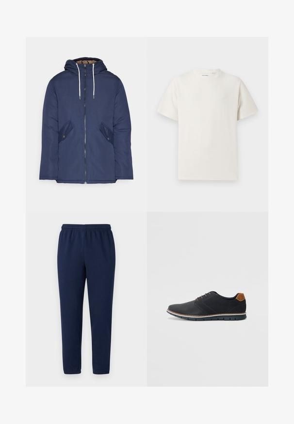 Mørkeblå polstret jakke med hætte, fremhævet af en frontlynlås, to sidelommer med knapper og hvide snore.; Hvid kortærmet T-shirt i ribbet tekstur. Rund halsudskæring, løs pasform, ingen synlige mønstre eller accenter. Enkel og alsidig design.; Marineblå sweatpants i en blød bomuldsblanding, med elastisk talje og tætsiddende ben, uden synlige mønstre eller accenter.; Sorte syntetiske sko med en tekstureret overdel, glatte accenter, brun hæl og en kontrasterende sål. Har minimale snørebånd og syningsdetaljer.