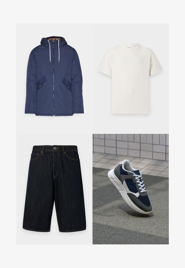 Námorně modrá prošívaná bunda s kapucí, která má přední zip, dvě boční kapsy s knoflíky a bílé šňůrky.; Bílý krátký rukáv tričko s pružnou strukturou. Kulatý výstřih, volný střih, bez viditelných vzorů nebo detailů. Jednoduchý a univerzální design.; Tmavé denimové šortky se rovný střih, s žlutým prošíváním, pěti kapsami a předním zapínáním na knoflík. Hladká textura.; Tenisky s horní částí z námornicky modré síťoviny, šedými semišovými akcenty, bílou gumovou podrážkou a plochými bílými tkaničkami, navržené pro pohodlí a prodyšnost.