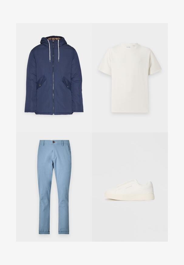 Chaqueta acolchada de color azul marino con capucha, cuenta con un cierre frontal de cremallera, dos bolsillos laterales con botones y cordones blancos.; Camiseta blanca de manga corta en textura acanalada. Cuello redondo, corte relajado, sin patrones ni acentos visibles. Diseño simple y versátil.; Pantalones de color azul claro hechos de tejido entrelazado, con cierre de botón y bolsillos estándar, con un corte ajustado y dobladillos acampanados.; Zapatillas blancas tipo slip-on con una superficie texturizada, suela gruesa y diseño minimalista. Presenta el logo de la marca en un lado.