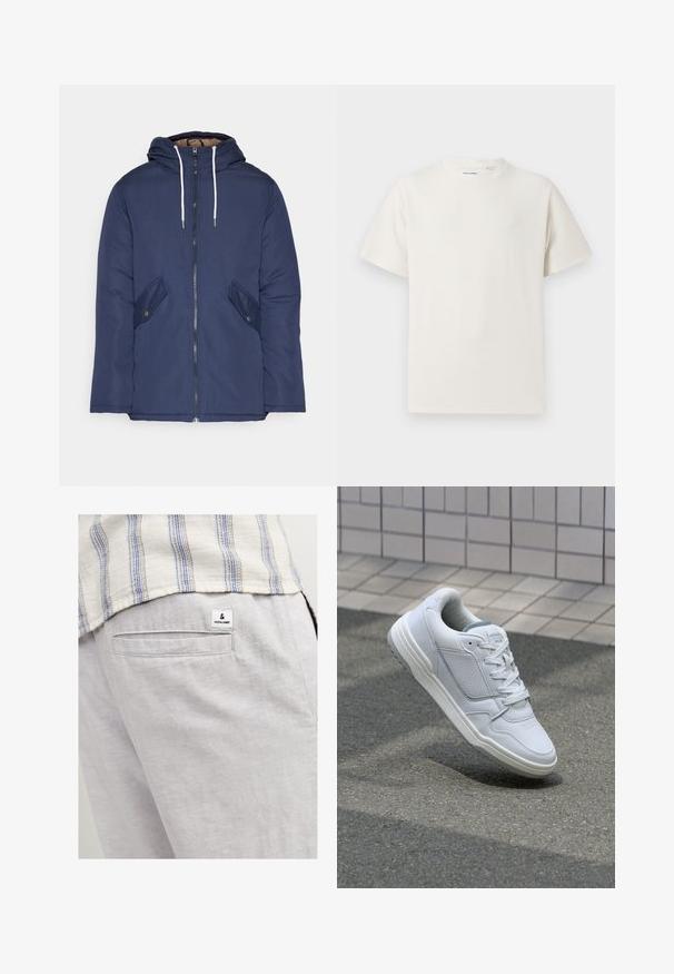 Jachetă căptușită bleu marin cu glugă, având un fermoar frontal, două buzunare laterale cu nasturi și șnururi albe.; Tricou alb cu maneci scurte, dintr-un material ribbed. Guler rotund, croi lejer, fără modele sau accente vizibile. Design simplu și versatil.; Pantaloni din in gri deschis, cu un buzunar pe spate și o etichetă mică cu marca. Țesătura are un aspect moale, texturat.; Adidași din piele albă cu părți perforate, accente texturate, șireturi plate și un călcâi gri contrastant. Prezintă o talpă ușor ridicată.