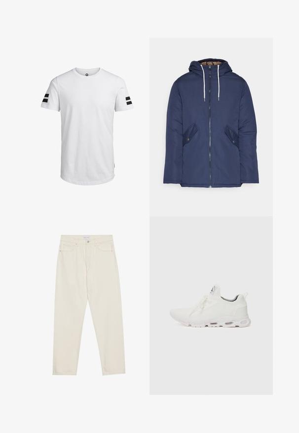 Navy blue padded jacket with a hood, featuring a front zipper, two side pockets with buttons, and white drawstrings.; Jack & Jones JCOBORO TEE CREW NECK - Print T-shirt - white; Beige denim jeans with a straight-leg cut, featuring five pockets, a button closure, and subtle stitching details. Smooth texture.; White athletic shoes featuring a textured knit upper, flat laces, and a cushioned sole with visible air chambers for added support.