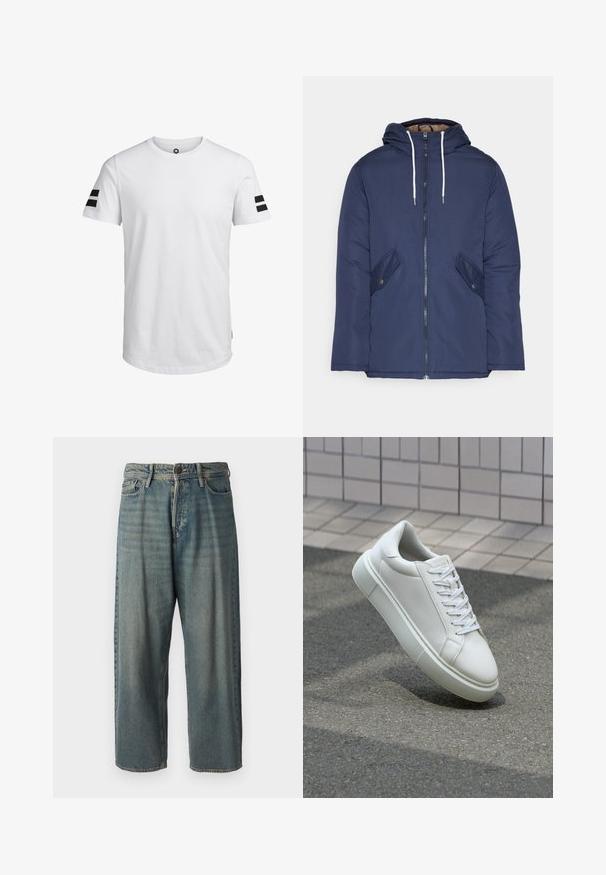 Mørkeblå polstret jakke med hætte, fremhævet af en frontlynlås, to sidelommer med knapper og hvide snore.; Jack & Jones JCOBORO TEE CREW NECK - T-shirts print - white; Lyseblå denim jeans med løs pasform, mellemhøj talje og lige ben. Har fem lommer, bæltestropper og en knappelukning.; Hvide lædersneakers med en glat overflade, rund tå og flade hvide snørebånd. Har en tekstureret gummisål og minimalt design.