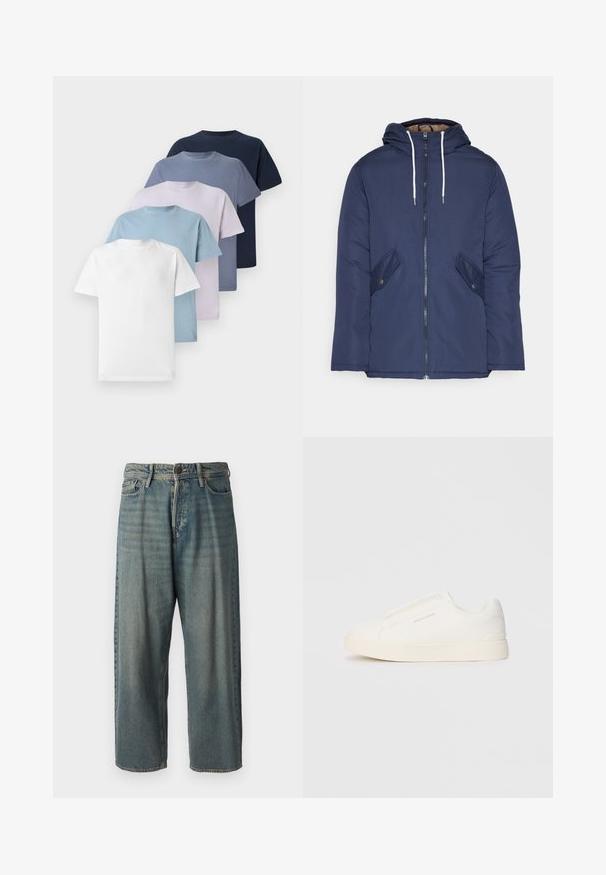 Sötétkék bélelt dzseki kapucnival, elülső cipzárral, két oldalsó zsebbel gombokkal és fehér húzózsinórokkal.; Öt crew-neck póló különböző színekben: fehér, világoskék, világoslila, sötétkék és tengerészkék. Pamutból készült, rövid ujjú.; Világoskék farmernadrág, laza fazonnal, közepes derékbőséggel és egyenes szárral. Öt zsebet, övbucskát és gombos záródást tartalmaz.; Fehér slip-on sportcipők texturált felülettel, vastag talppal és minimalista dizájnnal. Az oldalon a márka logója található.