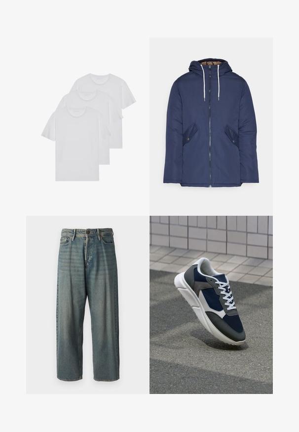 Granatowa pikowana kurtka z kapturem, z zamkiem z przodu, dwoma bocznymi kieszeniami z guzikami oraz białymi sznurkami.; Trzy białe T-shirty wykonane z miękkiej bawełny, z krótkimi rękawami i okrągłym dekoltem, starannie ułożone w stos, z minimalnymi detalami ściegów.; Jasnoniebieskie dżinsy o luźnym kroju, średnim stanie i prostych nogawkach. Posiadają pięć kieszeni, szlufki na pasek oraz zapięcie na guzik.; Sneakers z granatową siateczkową cholewką, szarymi zamszowymi akcentami, białą gumową podeszwą i płaskimi białymi sznurówkami, zaprojektowane z myślą o komforcie i wentylacji.