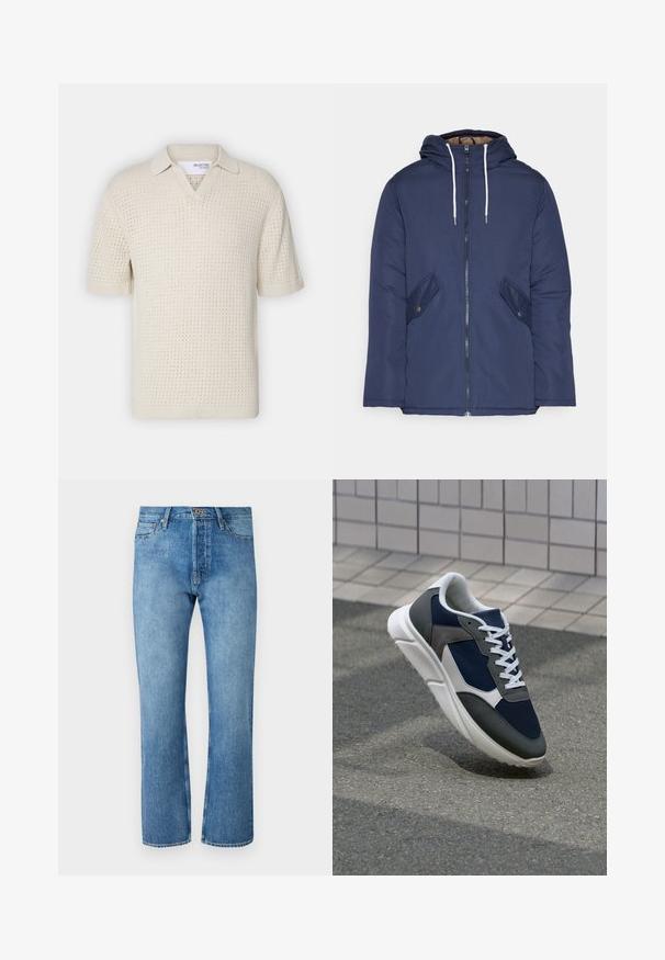 Marineblå polstret jakke med hette, med glidelås foran, to sidelommer med knapper og hvite snorer.; Korte ermer, kremfarget strikket polo med V-hals, som har et teksturert mønster og ribbestrikkede mansjetter. Lett og pustende materiale.; Lyseblå denimjeans med rett benkutt, som har et klassisk fem-lommers design, knappelukking og kontraststing.; Sneakers med en navy blå mesh-overdel, grå sømværk, hvit gummisåle og flate hvite snører, designet for komfort og pusteevne.