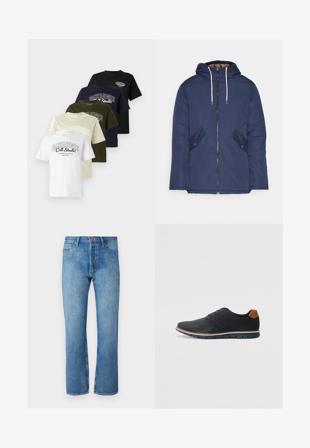 Marineblå polstret jakke med hette, med glidelås foran, to sidelommer med knapper og hvite snorer.; Fem t-skjorter i en rad: hvit, beige, oliven, marineblå og svart. Hver har en logo med "JACK&JONES" og rund halsdesign.; Lyseblå denimjeans med rett benkutt, som har et klassisk fem-lommers design, knappelukking og kontraststing.; Sorte syntetiske sko med en teksturert overdel, glatte detaljer, brun hæl og en kontrastfarge på sålen. Har minimalt snøring og sømdetaljer.