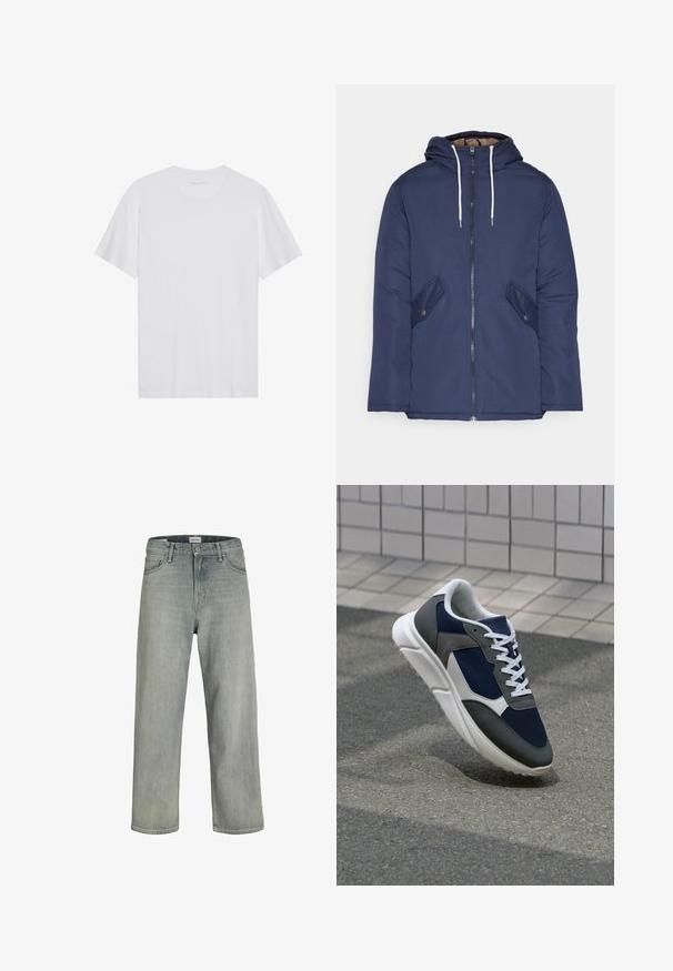 Navy blue padded jacket with a hood, featuring a front zipper, two side pockets with buttons, and white drawstrings.; White cotton T-shirt with short sleeves, a crew neck, and a smooth texture. Features minimal branding on the neckline.; Light gray, loose-fitting jeans made of denim. Features a classic five-pocket design, belt loops, and a straight leg silhouette.; Sneaker featuring a navy blue mesh upper, gray suede accents, white rubber sole, and flat white laces, designed for comfort and breathability.