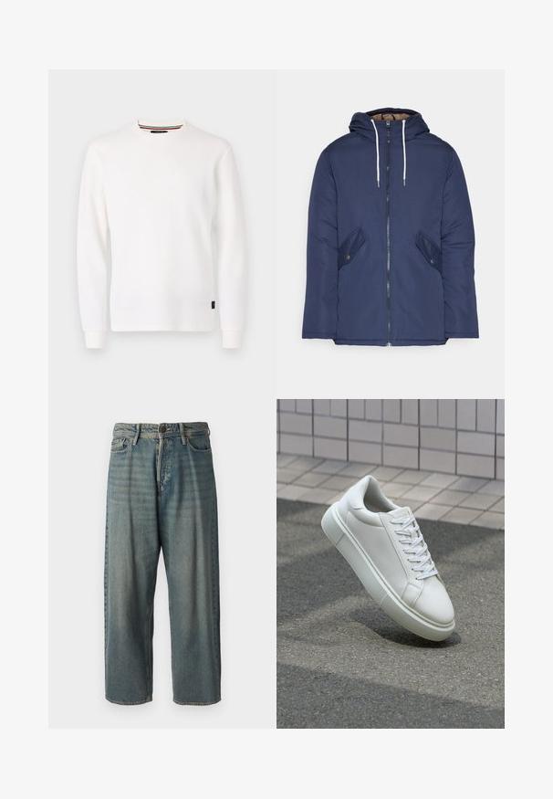 Jachetă căptușită bleu marin cu glugă, având un fermoar frontal, două buzunare laterale cu nasturi și șnururi albe.; Replay Bluză cu mânecă lungă - natural white; Jeans din denim bleu deschis, cu o croială lejeră, talie medie și picioare drepte. Au cinci buzunare, bucle pentru curea și închidere cu nasture.; Sneaker alb din piele cu o suprafață netedă, vârf rotund și șireturi plate albe. Dispune de o talpă din cauciuc texturată și elemente de design minimale.