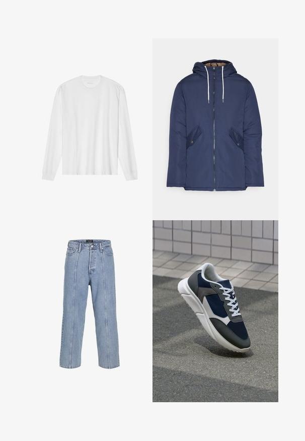 Mørkeblå polstret jakke med hætte, fremhævet af en frontlynlås, to sidelommer med knapper og hvide snore.; Langærmet hvid bomuldstrøje med rund hals og ribbede manchetter. Enkel, umasket design med en glat tekstur og standard pasform.; Lysblå denimjeans med løs pasform, brede ben og synlige syninger. Har knap- og lynlåslukning samt fem lommer.; Sneakers med en overdel i marineblå mesh, grå suedeteksturer, hvid gummisål og flade hvide snørebånd, designet til komfort og åndbarhed.