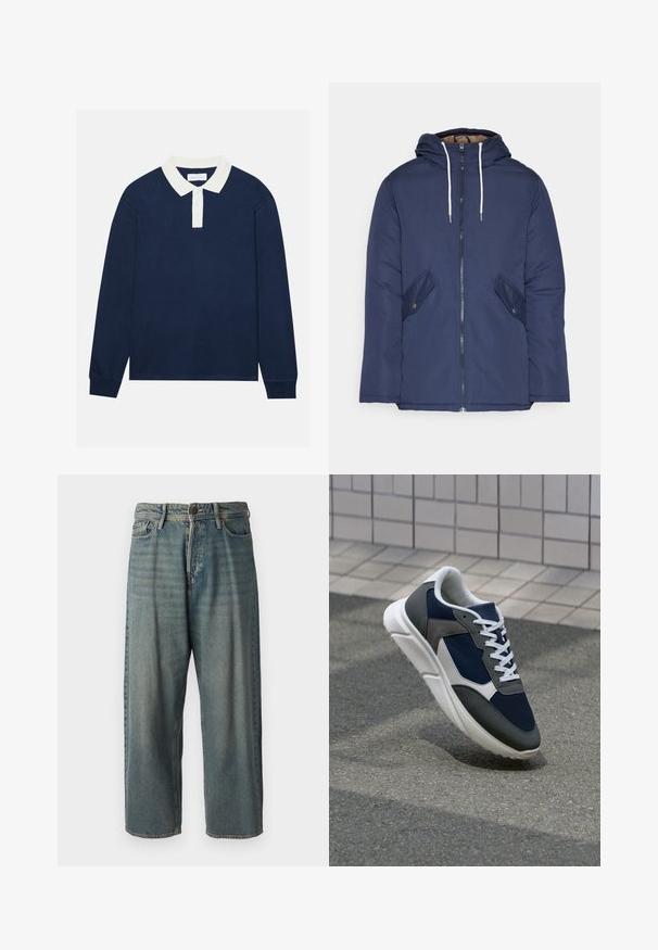 Námorně modrá prošívaná bunda s kapucí, která má přední zip, dvě boční kapsy s knoflíky a bílé šňůrky.; Námořnický modrý polo tričko s dlouhým rukávem, bílo ribbovaným límcem a zapínáním na tři knoflíky. Měkká textura, rovný střih a ribbované manžety.; Světle modré denimové džíny s volným střihem, středně vysokým pasem a rovnými nohavicemi. Obsahují pět kapes, poutka na opasek a zapínání na knoflík.; Tenisky s horní částí z námornicky modré síťoviny, šedými semišovými akcenty, bílou gumovou podrážkou a plochými bílými tkaničkami, navržené pro pohodlí a prodyšnost.
