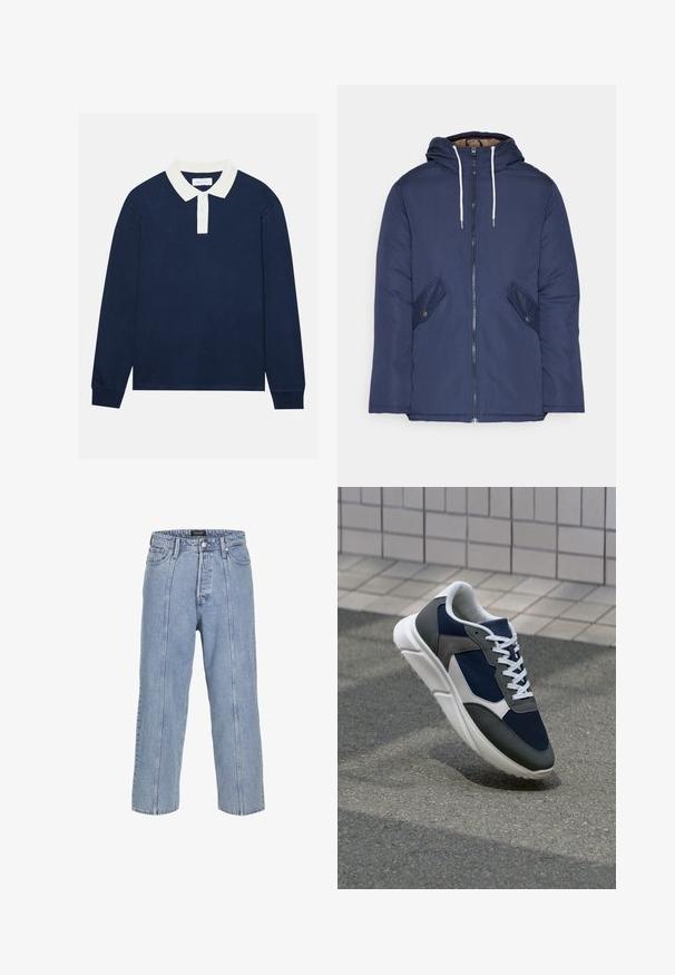 Tumesinine vahtkatseline jakk, millel on kapuuts, esilukk, kaks küljetaskut nupuga ja valged tõmblukud.; Tumed pikkade varrukatega polo särk valge soonikuga krae ja kolme nööbiga. Pehme tekstuur, sirge lõikega hem ja soonikud varrukatel.; Heledad sinine teksapüksid, millel on lai lõige, laiad sääred ja nähtavad õmbluse detailid. Omab nööbiga ja lukuga kinni tõmmatavat piirdu, viis taskut.; Sneaker, mille sinine võrkkangas, hallid nubukdetailid, valge kummitald ja lamedad valged paelad, disainitud mugavuseks ja hingavuseks.