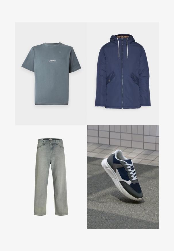 Tumesinine vahtkatseline jakk, millel on kapuuts, esilukk, kaks küljetaskut nupuga ja valged tõmblukud.; Hall hõbe puuvillane T-särk ümarate kaelustega, lühikeste varrukatega ja väikese valge "JJ Studios" logoga rinnal. Sile tekstuur ja mugav lõige.; Heledad hallhallid, laia lõikega denimist teksased. Omavad klassikalist viie tasku disaini, vööloopse ja sirget säärelõiget.; Sneaker, mille sinine võrkkangas, hallid nubukdetailid, valge kummitald ja lamedad valged paelad, disainitud mugavuseks ja hingavuseks.