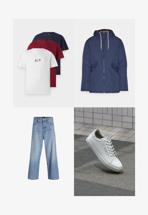 Navy plava podstava jakna s kapuljačom, koja ima prednji patentni zatvarač, dva bočna džepa s gumbima i bijele špage.; Tri kratka rukava majice u bijeloj, burgundijskoj i mornarskoj boji. Svaka ima okrugli izrez i meki pamučni materijal, a bijela majica prikazuje mali grafički dizajn.; Svijetloplavi traper široke nogavice s visokim strukom, sa zatvaračem na gumbe, dizajnom od pet džepova i suptilnim izblijeđenjem. Čisti rubovi.; Bijela tenisica izrađena od teksturirane kože, s vezanjem sprijeda, čvrstim gumennim potplatom i minimalističkim dizajnom s ojačanim nožnim dijelom.