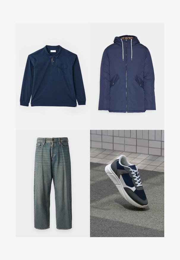 Sötétkék bélelt dzseki kapucnival, elülső cipzárral, két oldalsó zsebbel gombokkal és fehér húzózsinórokkal.; Kék, hosszú ujjú pólóing, pamutból készült. Három gombos kivágással, mellzsebbel és oldalsó hasítékkal rendelkezik az alján. Simább tapintású.; Világoskék farmernadrág, laza fazonnal, közepes derékbőséggel és egyenes szárral. Öt zsebet, övbucskát és gombos záródást tartalmaz.; Cipő, amelynek sötétkék hálós felsőrésze, szürke velúr díszítései, fehér gumitalpa és lapos fehér fűzője van, a kényelem és a légáteresztő képesség érdekében tervezve.