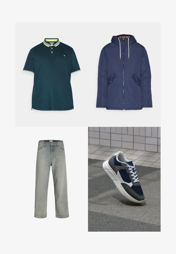 Mørkeblå polstret jakke med hætte, fremhævet af en frontlynlås, to sidelommer med knapper og hvide snore.; Mørkeblå polo T-shirt med en to-knap lukning. Har kontrastfarvet neongrøn krave og ærmeaccent. Blødt stof med en klassisk pasform.; Lysegrå, løstsiddende jeans lavet af denim. Har et klassisk fem-lomme design, bæltestropper og en lige ben silhuet.; Sneakers med en overdel i marineblå mesh, grå suedeteksturer, hvid gummisål og flade hvide snørebånd, designet til komfort og åndbarhed.