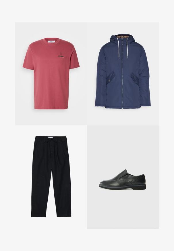 Navy blue padded jacket with a hood, featuring a front zipper, two side pockets with buttons, and white drawstrings.; Short-sleeve, crew-neck t-shirt in muted rose color, made from cotton. Features a small black globe logo and text on the left chest area.; Pier One Chinos - black; Black leather slip-on shoe with a smooth upper, stitched accents, rounded toe, and a low rubber heel. Sole features minimal tread.