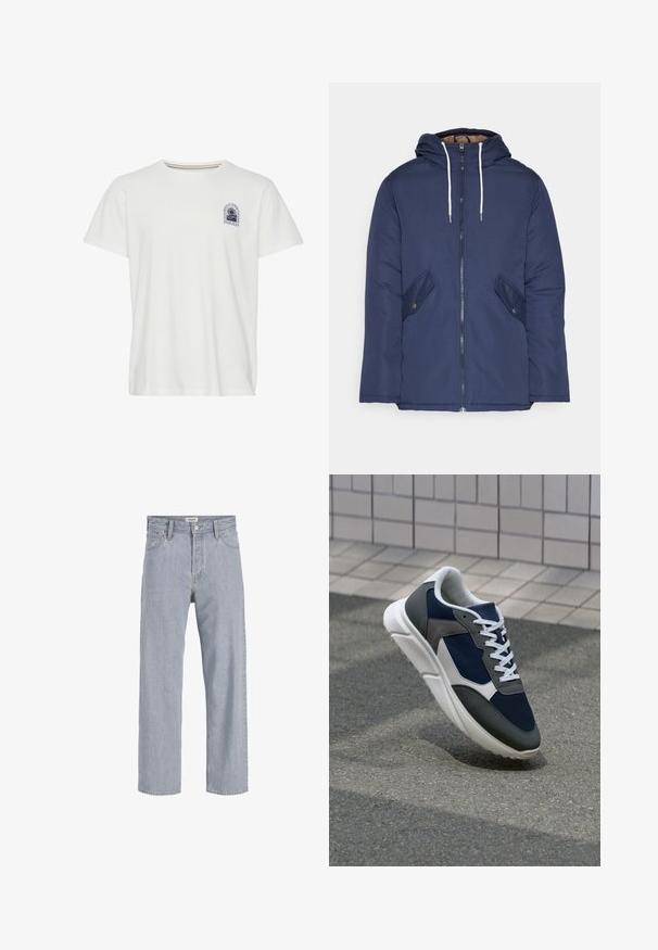 Laivasilkkinen vuorattu takki hupulla, jossa on etuvetoketju, kaksi nappikiinnityksellä varustettua sivutaskua ja valkoiset nyörit.; Valkoinen puuvillat-paita, jossa on lyhyet hihat, pyöreä pääntie ja pieni sininen graafinen painatus vasemmassa rinnassa, jossa on palmuja ja tekstiä.; Vaaleansiniset farkut rento istuvuus, suorat lahkeet, näkyvät saumat, kaksi etutaskua ja napitus.; Kengät, joissa on tummansininen verkkopäällinen, harmaat mokka-yksityiskohdat, valkoinen kumipohja ja litteät valkoiset nauhat, suunniteltu mukavuutta ja hengittävyyttä varten.