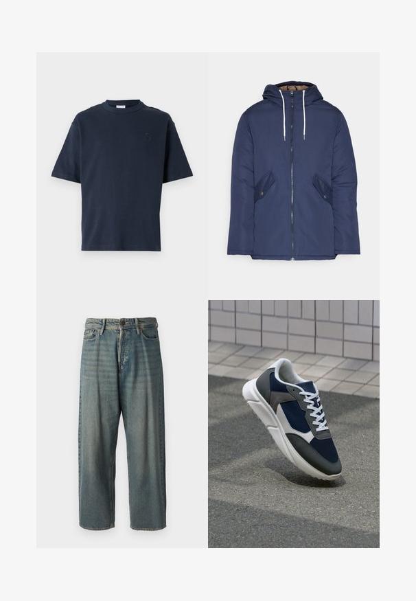Sötétkék bélelt dzseki kapucnival, elülső cipzárral, két oldalsó zsebbel gombokkal és fehér húzózsinórokkal.; Tengerészkék, rövid ujjú pamut póló. Kerek nyakkivágással és finom logóval az emlőn. Egyenes vonalú fazon, minta nélkül.; Világoskék farmernadrág, laza fazonnal, közepes derékbőséggel és egyenes szárral. Öt zsebet, övbucskát és gombos záródást tartalmaz.; Cipő, amelynek sötétkék hálós felsőrésze, szürke velúr díszítései, fehér gumitalpa és lapos fehér fűzője van, a kényelem és a légáteresztő képesség érdekében tervezve.