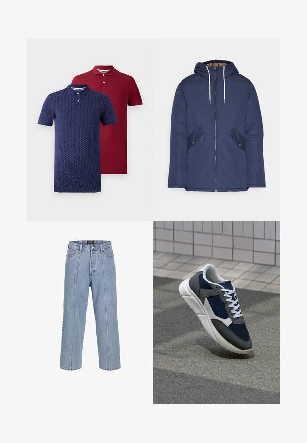 Veste matelassée bleu marine avec capuche, dotée d'une fermeture éclair à l'avant, de deux poches latérales avec boutons et de cordons de serrage blancs.; Deux polos à manches courtes, l'un rouge foncé uni et l'autre bleu marine avec un motif de points verticaux blancs, tous deux avec des patins de boutons et des cols.; Jean en denim bleu clair avec une coupe ample, des jambes larges et des détails de couture visibles. Il dispose d'une fermeture à bouton et zip, ainsi que de cinq poches.; Baskets avec une tige en mesh bleu marine, des accents en suède gris, une semelle en caoutchouc blanc et des lacets plats blancs, conçues pour le confort et la respirabilité.