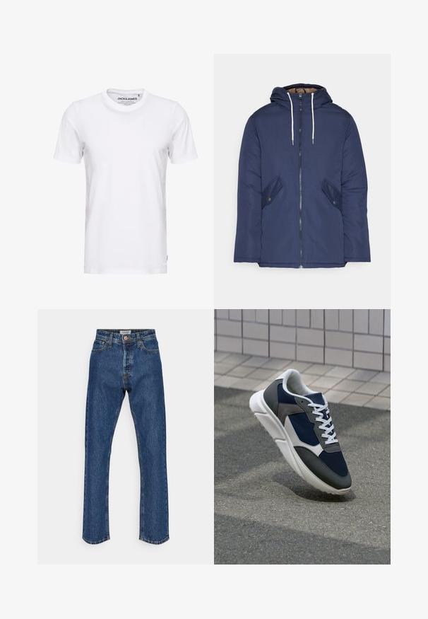 Marineblau gepadded Jacke mit Kapuze, ausgestattet mit einem Reißverschluss vorne, zwei seitlichen Taschen mit Knöpfen und weißen Kordeln.; Weißes T-Shirt mit kurzen Ärmeln aus Baumwolle, mit Rundhalsausschnitt und einem schlichten Design. Markentag im Nackenbereich sichtbar. Keine Muster oder Verzierungen.; Dunkelblaue Denim-Jeans mit hoher Taille und geradem Bein. Verfügt über einen Knopfverschluss, fünf Taschen und kontrastierende Nähte.; Sneaker mit einem Obermaterial aus navyblauem Mesh, grauen Wildlederelementen, einer weißen Gummisohle und flachen weißen Schnürsenkeln, entworfen für Komfort und Atmungsaktivität.