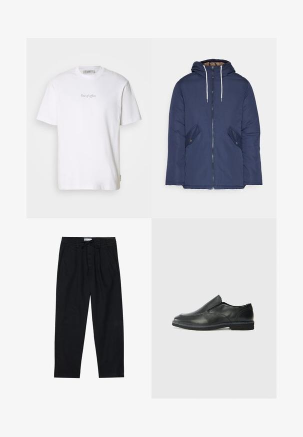 Chaqueta acolchada de color azul marino con capucha, cuenta con un cierre frontal de cremallera, dos bolsillos laterales con botones y cordones blancos.; Camiseta de algodón blanco con el texto "Fuera de la oficina" impreso en gris claro en el frente, cuello redondo y mangas cortas.; Pier One Pantalones chinos - black; Zapato negro de cuero sin cordones con un upper suave, detalles de costura, punta redonda y un bajo tacón de goma. La suela presenta una tracción mínima.