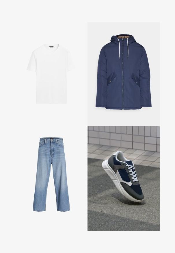 Giacca imbottita blu navy con cappuccio, dotata di zip frontale, due tasche laterali con bottoni e lacci bianchi.; T-shirt bianca in cotone con collo rotondo, maniche corte e taglio dritto. Presenta una texture liscia e leggera senza motivi visibili.; Jeans a palazzo in denim blu chiaro con vita alta, dotati di chiusura a bottoni, design a cinque tasche e un leggero effetto sbiadito. Orli puliti.; Sneaker con tomaia in rete blu navy, inserti in suede grigio, suola in gomma bianca e lacci bianchi piatti, progettata per comfort e traspirabilità.