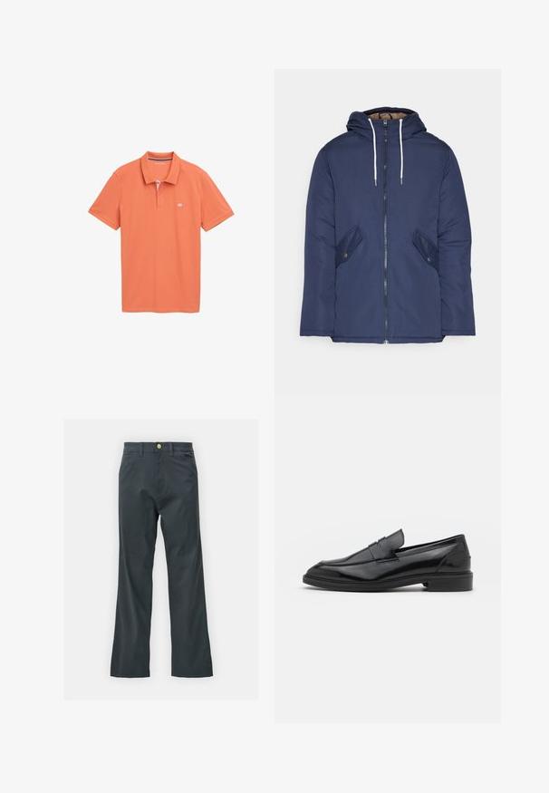Mornarsko modra podložena jakna s kapuco, ki ima sprednji zadrgo, dva stranska žepa s gumbi in bele vrvice.; Polo majica s kratkimi rokavi v oranžni barvi, izdelana iz mehkega bombaža. Ima prugast ovratnik z dvema gumboma, diskreten logotip na prsih ter ravno obrobo.; Črne hlače s ravnim krojem, izdelane iz mešanice bombaža. Imajo kovinsko zaponko in stranske žepe. Brez vidnih vzorcev.; Črne usnjene loafersice z gladko površino, s zaobljenim prstom in ozkim pasom čez zgornji del. Nizek zložen petek.