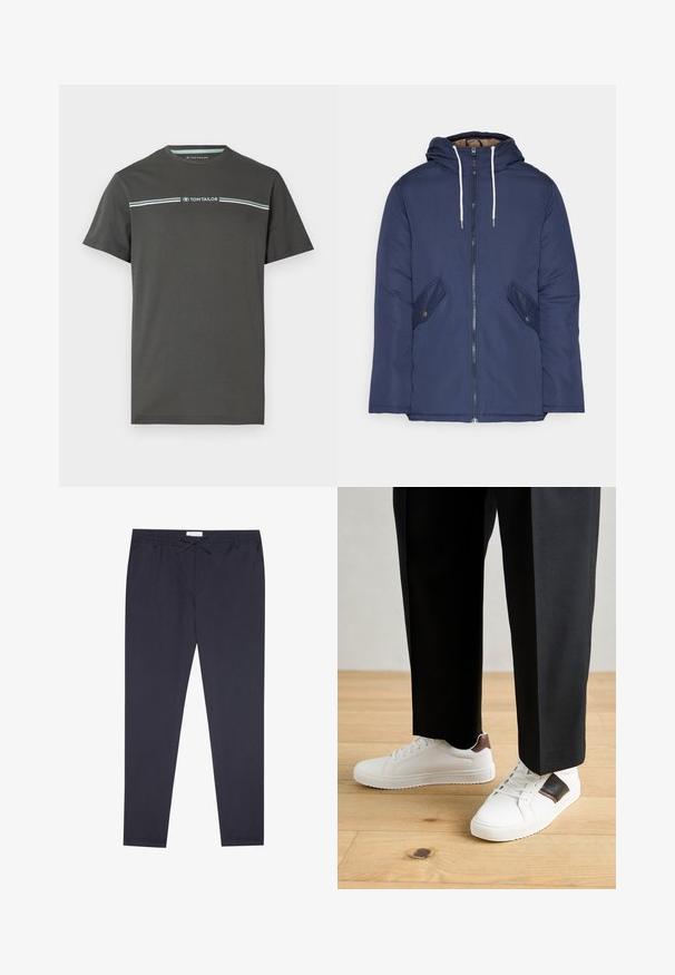 Jūras zila pufīgā jaka ar kapuci, kas aprīkota ar priekšējo rāvējslēdzēju, divām sānu kabatām ar pogām un baltiem aukliņām.; Pelēks īsām piedurknēm T-krekls, izgatavots no kokvilnas, ar apaļu kakla izgriezumu un horizontālu gaismas zilo joslu dizainu krūšu daļā.; Tums navy zila krāsa, izgatavoti no viegla auduma; ar elastīgu jostasvietu un auklu, kājas sašaurinātas. Gluda tekstūra un nav redzamu rakstu.; Baltā pārsoļa apavi ar gludu tekstūru, papildināti ar brūniem ādas akcentiem un melniem elementiem, savienoti ar melnām pielāgotām biksēm. Koka grīdas fons.
