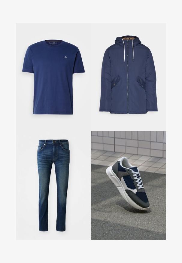 Námorně modrá prošívaná bunda s kapucí, která má přední zip, dvě boční kapsy s knoflíky a bílé šňůrky.; Námorně modré bavlněné tričko s krátkým rukávem, kulatým výstřihem a malým vyšitým logem na hrudi, které má standardní střih.; Tmavě modré džíny s úzkým střihem, obsahující pět kapes, přední zapínání na knoflík a jemně vybledlou texturu na nohavicích.; Tenisky s horní částí z námornicky modré síťoviny, šedými semišovými akcenty, bílou gumovou podrážkou a plochými bílými tkaničkami, navržené pro pohodlí a prodyšnost.