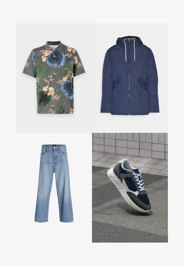 Sötétkék bélelt dzseki kapucnival, elülső cipzárral, két oldalsó zsebbel gombokkal és fehér húzózsinórokkal.; Rövid ujjú pólóing szürke színben, élénk virág- és levélmintákkal kék, zöld és bézs árnyalatokban. Kontrasztos gallérral és gombos rövid nyakkal rendelkezik.; Világoskék farmer széles lábú nadrág magas derékkal, gombos zipzárral, öt zsebes kialakítással és enyhe kopással. Tiszta szegélyek.; Cipő, amelynek sötétkék hálós felsőrésze, szürke velúr díszítései, fehér gumitalpa és lapos fehér fűzője van, a kényelem és a légáteresztő képesség érdekében tervezve.