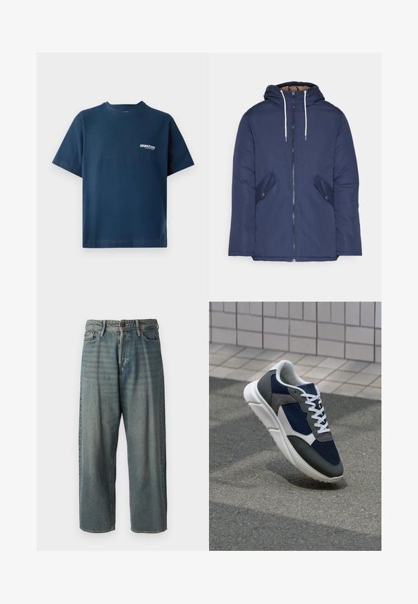 Mørkeblå polstret jakke med hætte, fremhævet af en frontlynlås, to sidelommer med knapper og hvide snore.; Mørkeblå bomulds-t-shirt med korte ærmer og rund halsudskæring. Har et lille hvidt logo på venstre brystområde. Blød tekstur.; Lyseblå denim jeans med løs pasform, mellemhøj talje og lige ben. Har fem lommer, bæltestropper og en knappelukning.; Sneakers med en overdel i marineblå mesh, grå suedeteksturer, hvid gummisål og flade hvide snørebånd, designet til komfort og åndbarhed.