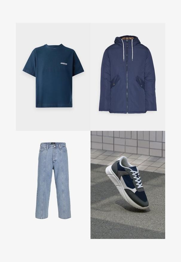 Námornícky modrá vystužená bunda s kapucňou, so zipsom vpredu, dvomi bočnými vreckami s gombíkmi a bielymi šnúrkami.; Námornícky modré bavlnené tričko s krátkymi rukávmi a okrúhlym výstrihom. Obsahuje malé biele logo na ľavej strane hrudníka. Mäkká textúra.; Svetlo modré denimové nohavice s voľným strihom, širokými nohavicami a viditeľnými šitými detailmi. Obsahujú zapínanie na gombík a zips, päť vreciek.; Tenisky s sieťovinou v námorníckej modrej farbe, so sivými semišovými detailmi, bielou gumovou podrážkou a plochými bielymi šnúrkami, navrhnuté pre pohodlie a priedušnosť.