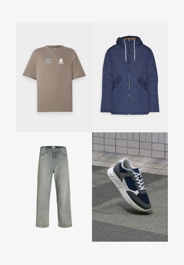 Navy blue padded jacket with a hood, featuring a front zipper, two side pockets with buttons, and white drawstrings.; Brown cotton t-shirt with a round neckline. Features blue text "Universal Athletic Apparel" and white "4th quarter" logo on the front. Short sleeves.; Light gray, loose-fitting jeans made of denim. Features a classic five-pocket design, belt loops, and a straight leg silhouette.; Sneaker featuring a navy blue mesh upper, gray suede accents, white rubber sole, and flat white laces, designed for comfort and breathability.